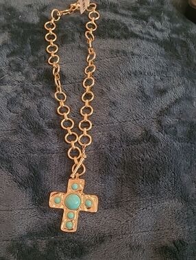 Gold-Tone Cross Pendant Necklace with Turquoise Accents